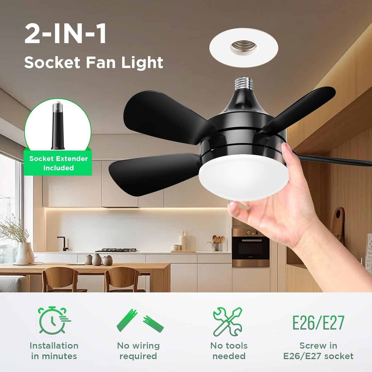 2-in-1 LED Ceiling Fan Light with Remote – Dimmable E26/E27 Socket 6-Blade Fan Lamp