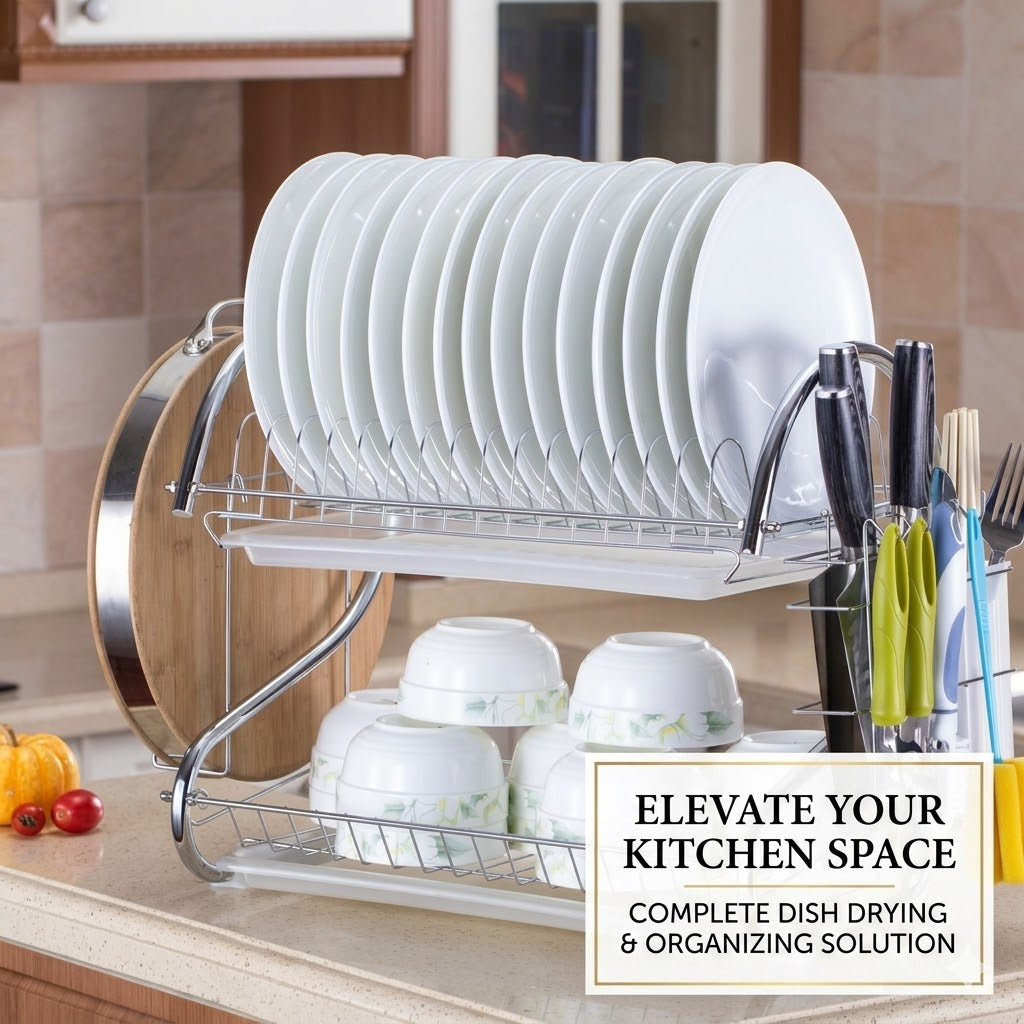 Double-Layer Dish Drain Rack – Household Metal Kitchen Storage Organizer